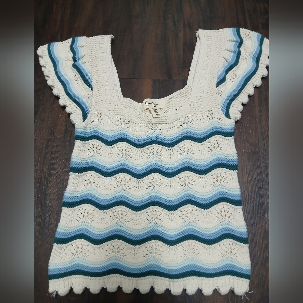 Jessica Simpson Cream and Blue Wave Crochet Tunic